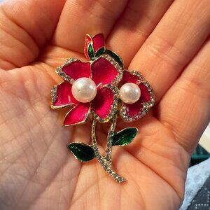 Magenta Enamel Flower Brooch With Faux Pearls and Rhinestones Vintage Style Pin
